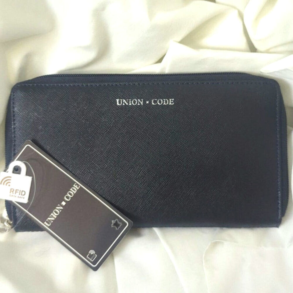 NWT Textured Black Leather RFID Data Safe Wallet Pink Interior